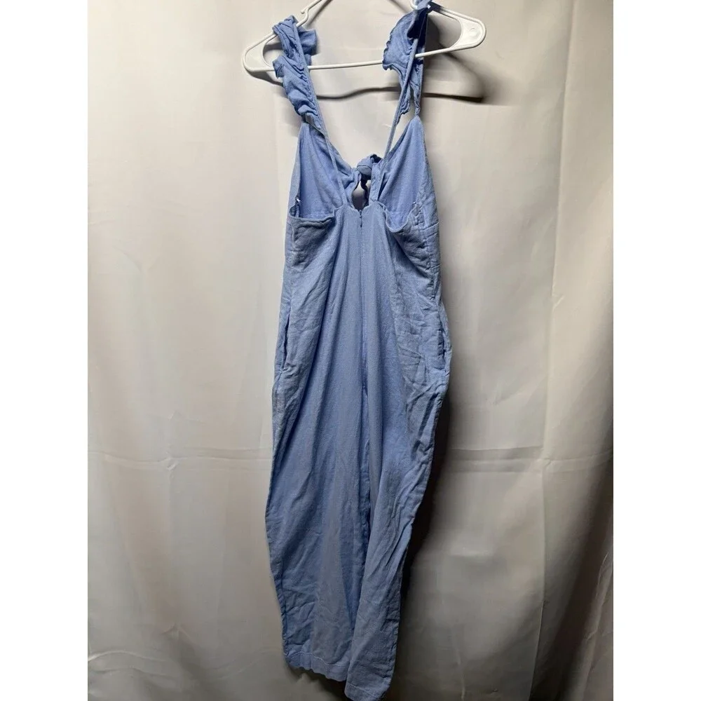ZARA Blue Linen Blend One Piece Jumpsuit Open Tie Front Ruffle Trim Size S